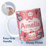 Personalized Custom Name Kawaii Baking Mixer Cake and Cupcake Tools on Coral Seamless 11oz Ceramic Coffee Tea Mug White Large Handle