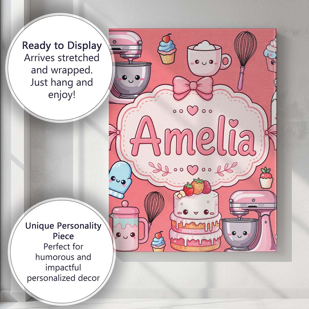 Personalised Name Kawaii Baking Mixer Cake Custom  Unique Gift Idea Elegant Feature Canvas Wall Art Print Decor Picture Ready to Hang