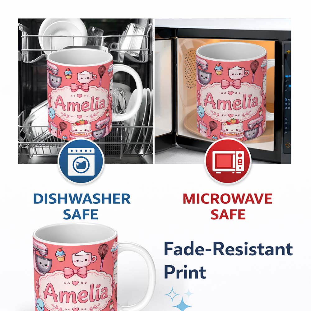 Personalized Custom Name Kawaii Baking Mixer Cake and Cupcake Tools on Coral Seamless 11oz Ceramic Coffee Tea Mug White Large Handle