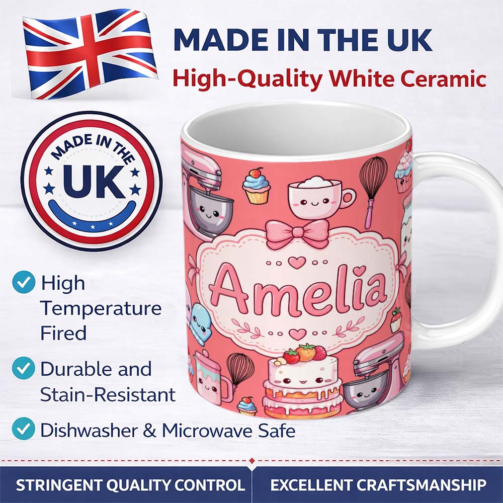 Personalized Custom Name Kawaii Baking Mixer Cake and Cupcake Tools on Coral Seamless 11oz Ceramic Coffee Tea Mug White Large Handle