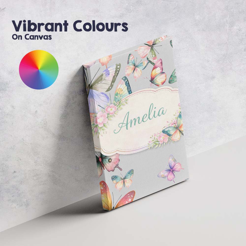 Personalised Name Pastel Watercolor Butterflies Soft Grey Background Custom  Home Canvas Wall Art Print Decor Picture Ready to Hang