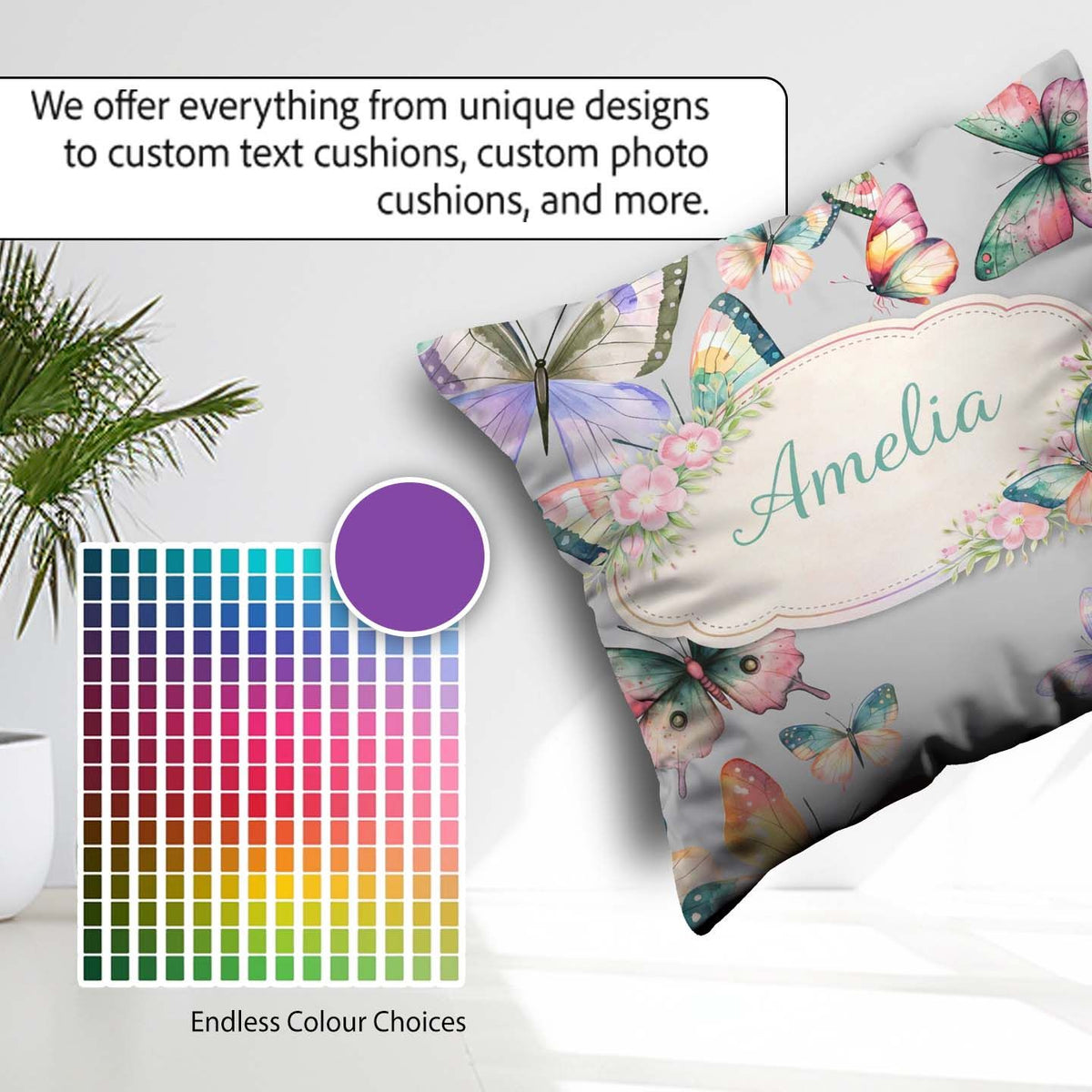 Custom Name Watercolor Butterflies Soft Grey Background Seamless Square Filled Cushion Throw Pillow Sofa Bed Home Decor Zip Washable UK Made