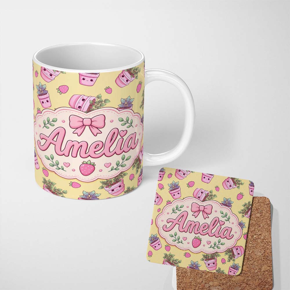 Personalized Custom Name Cute Pink Plant Pots Leaves Strawberry Seamless Pattern Yellow 11oz Ceramic Coffee Tea Mug White Large Handle