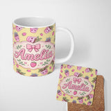 Personalized Custom Name Cute Pink Plant Pots Leaves Strawberry Seamless Pattern Yellow 11oz Ceramic Coffee Tea Mug White Large Handle