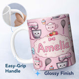 Personalized Custom Name Kawaii Baking Mixer Cake and Cupcake Tools on Blush Pink Seamless 11oz Ceramic Coffee Tea Mug White Large Handle