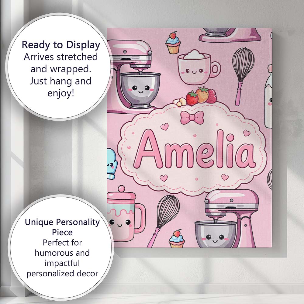 Personalised Name Kawaii Baking Mixer Cake Custom  Unique Gift Idea Elegant Feature Canvas Wall Art Print Decor Picture Ready to Hang