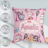 Custom Name Kawaii Baking Mixer Cake Cupcake Tools on Blush Pink Square Filled Cushion Throw Pillow Sofa Bed Home Decor Zip Washable UK Made