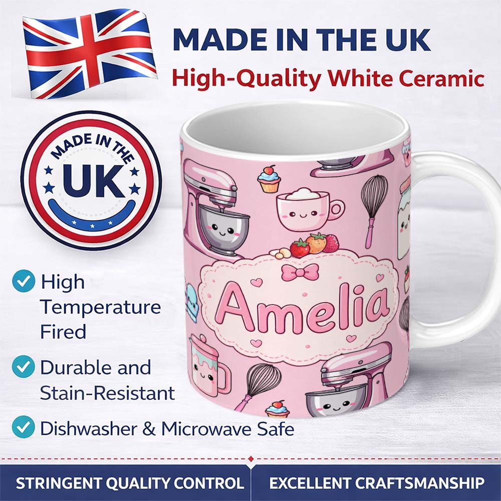 Personalized Custom Name Kawaii Baking Mixer Cake and Cupcake Tools on Blush Pink Seamless 11oz Ceramic Coffee Tea Mug White Large Handle