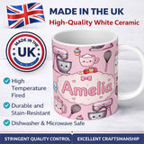 Personalized Custom Name Kawaii Baking Mixer Cake and Cupcake Tools on Blush Pink Seamless 11oz Ceramic Coffee Tea Mug White Large Handle