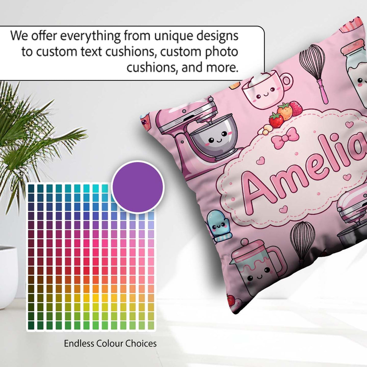 Custom Name Kawaii Baking Mixer Cake Cupcake Tools on Blush Pink Square Filled Cushion Throw Pillow Sofa Bed Home Decor Zip Washable UK Made