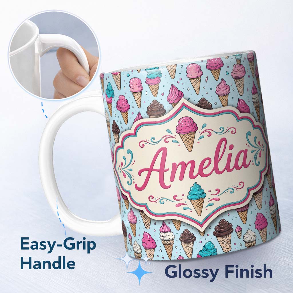 Personalized Custom Name Soft Pastel Ice Cream Cone Repeat on Neutral Background Minimal 11oz Ceramic Coffee Tea Mug White Large Handle