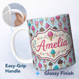 Personalized Custom Name Soft Pastel Ice Cream Cone Repeat on Neutral Background Minimal 11oz Ceramic Coffee Tea Mug White Large Handle