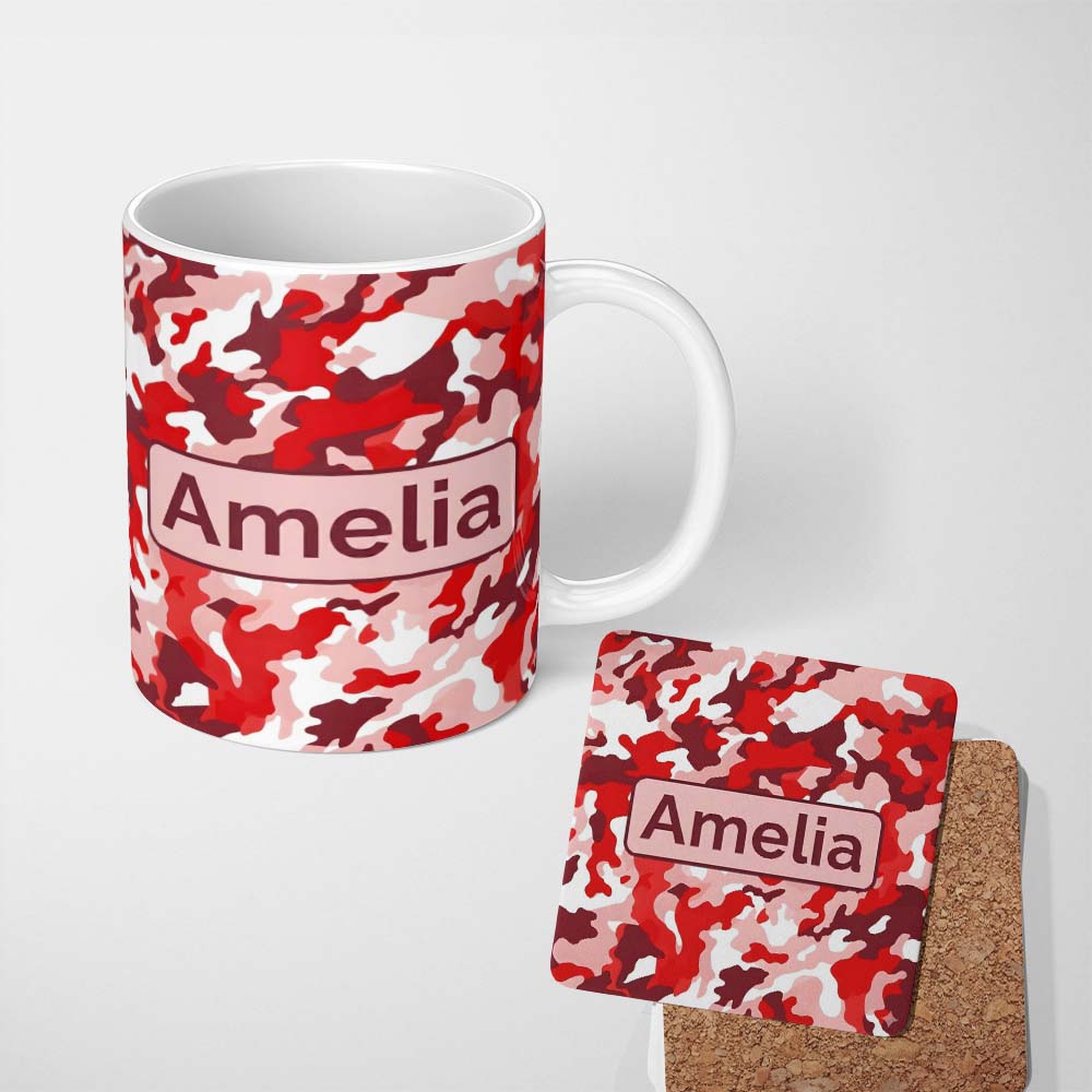 Personalized Custom Name Red Pink Abstract Camouflage Seamless Pattern Cute Unique Gift 11oz Ceramic Coffee Tea Mug White Large Handle