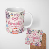 Personalized Custom Name Kawaii Baking Mixer Cake and Cupcake Tools on Neutral Seamless 11oz Ceramic Coffee Tea Mug White Large Handle
