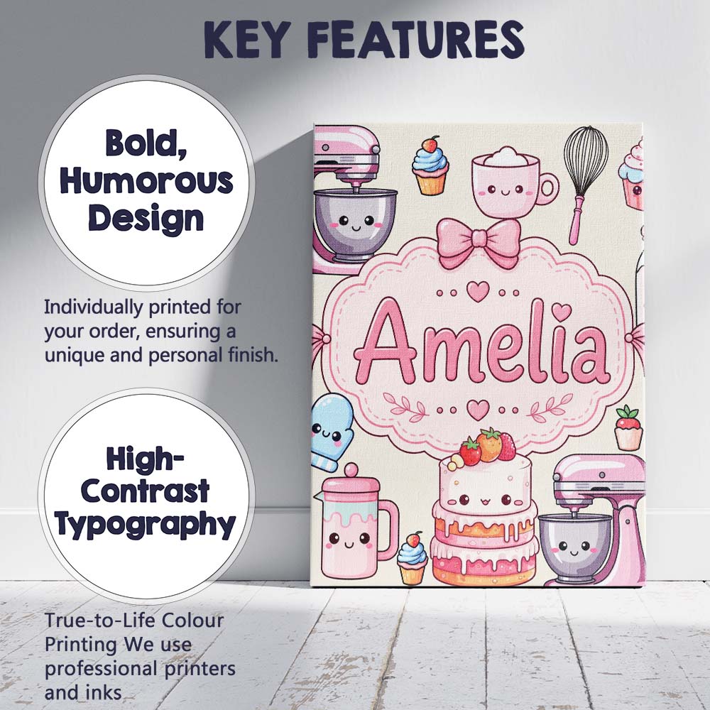 Personalised Name Kawaii Baking Mixer Cake Custom  Unique Gift Idea Elegant Feature Canvas Wall Art Print Decor Picture Ready to Hang