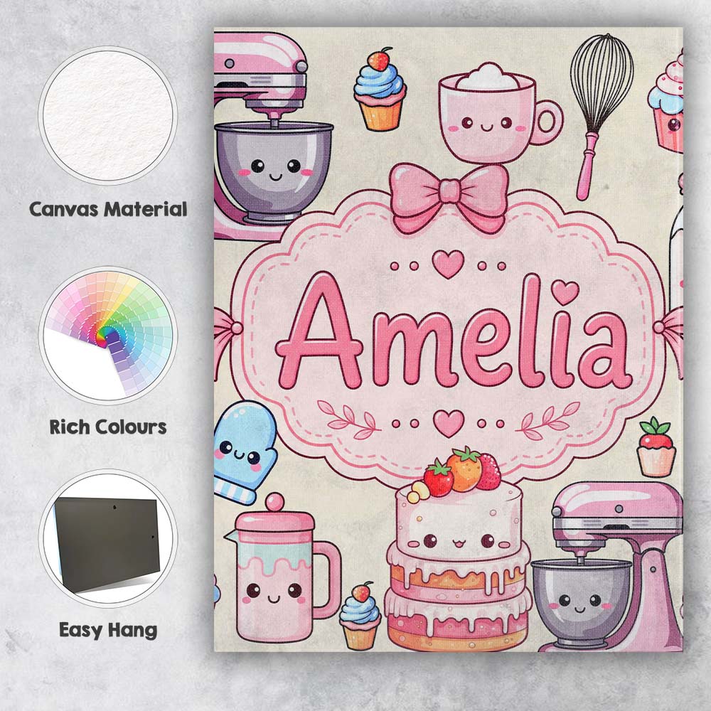 Personalised Name Kawaii Baking Mixer Cake Custom  Unique Gift Idea Elegant Feature Canvas Wall Art Print Decor Picture Ready to Hang