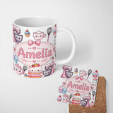 Personalized Custom Name Kawaii Baking Mixer Cake and Cupcake Tools on Light Grey Seamless 11oz Ceramic Coffee Tea Mug White Large Handle