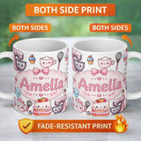 Personalized Custom Name Kawaii Baking Mixer Cake and Cupcake Tools on Light Grey Seamless 11oz Ceramic Coffee Tea Mug White Large Handle