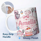 Personalized Custom Name Kawaii Baking Mixer Cake and Cupcake Tools on Light Grey Seamless 11oz Ceramic Coffee Tea Mug White Large Handle