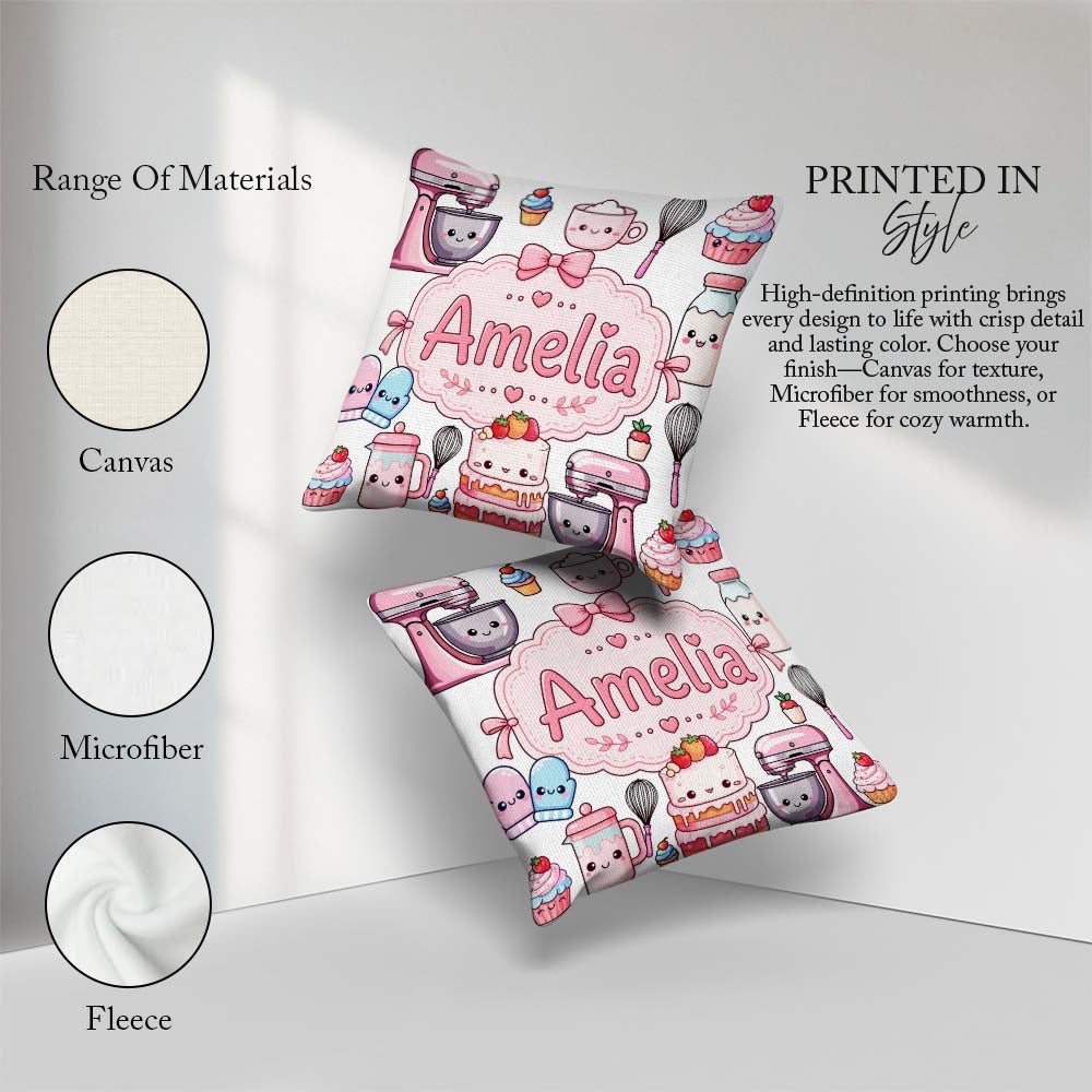 Custom Name Kawaii Baking Mixer Cake Cupcake Tools on Light Grey Square Filled Cushion Throw Pillow Sofa Bed Home Decor Zip Washable UK Made