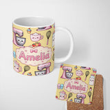 Personalized Custom Name Kawaii Baking Mixer Cake and Cupcake Tools on Yellow Seamless 11oz Ceramic Coffee Tea Mug White Large Handle