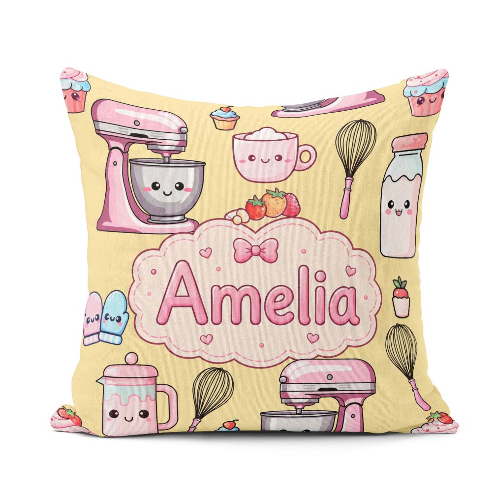 Custom Name Kawaii Baking Mixer Cake and Cupcake Tools on Yellow Square Filled Cushion Throw Pillow Sofa Bed Home Decor Zip Washable UK Made