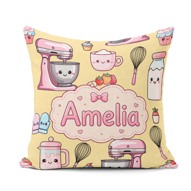 Custom Name Kawaii Baking Mixer Cake and Cupcake Tools on Yellow Square Filled Cushion Throw Pillow Sofa Bed Home Decor Zip Washable UK Made