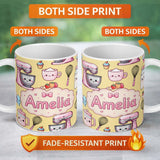 Personalized Custom Name Kawaii Baking Mixer Cake and Cupcake Tools on Yellow Seamless 11oz Ceramic Coffee Tea Mug White Large Handle