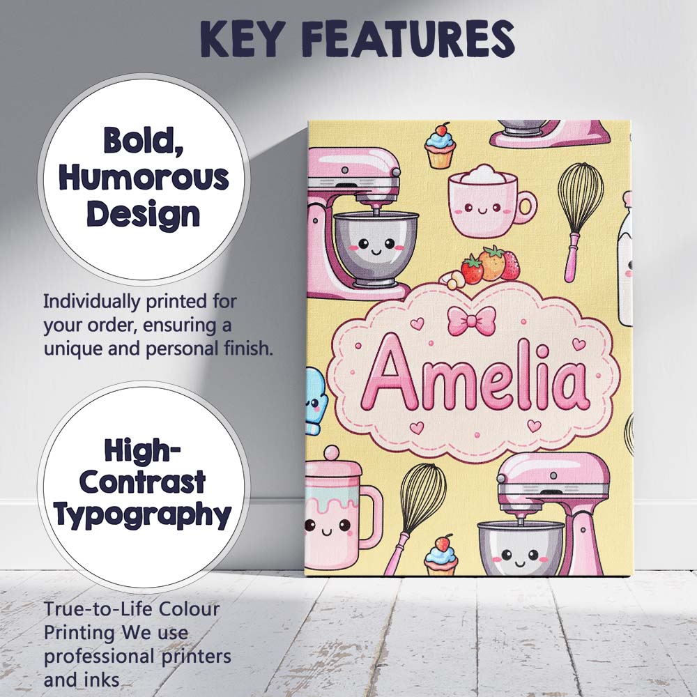 Personalised Name Kawaii Baking Mixer Cake Custom  Unique Gift Idea Elegant Feature Canvas Wall Art Print Decor Picture Ready to Hang