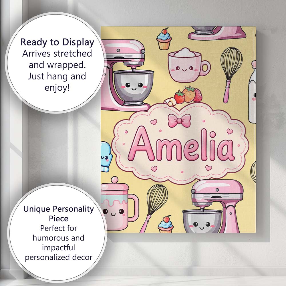 Personalised Name Kawaii Baking Mixer Cake Custom  Unique Gift Idea Elegant Feature Canvas Wall Art Print Decor Picture Ready to Hang