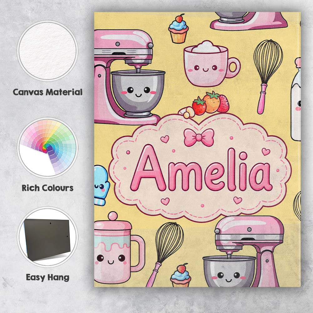 Personalised Name Kawaii Baking Mixer Cake Custom  Unique Gift Idea Elegant Feature Canvas Wall Art Print Decor Picture Ready to Hang