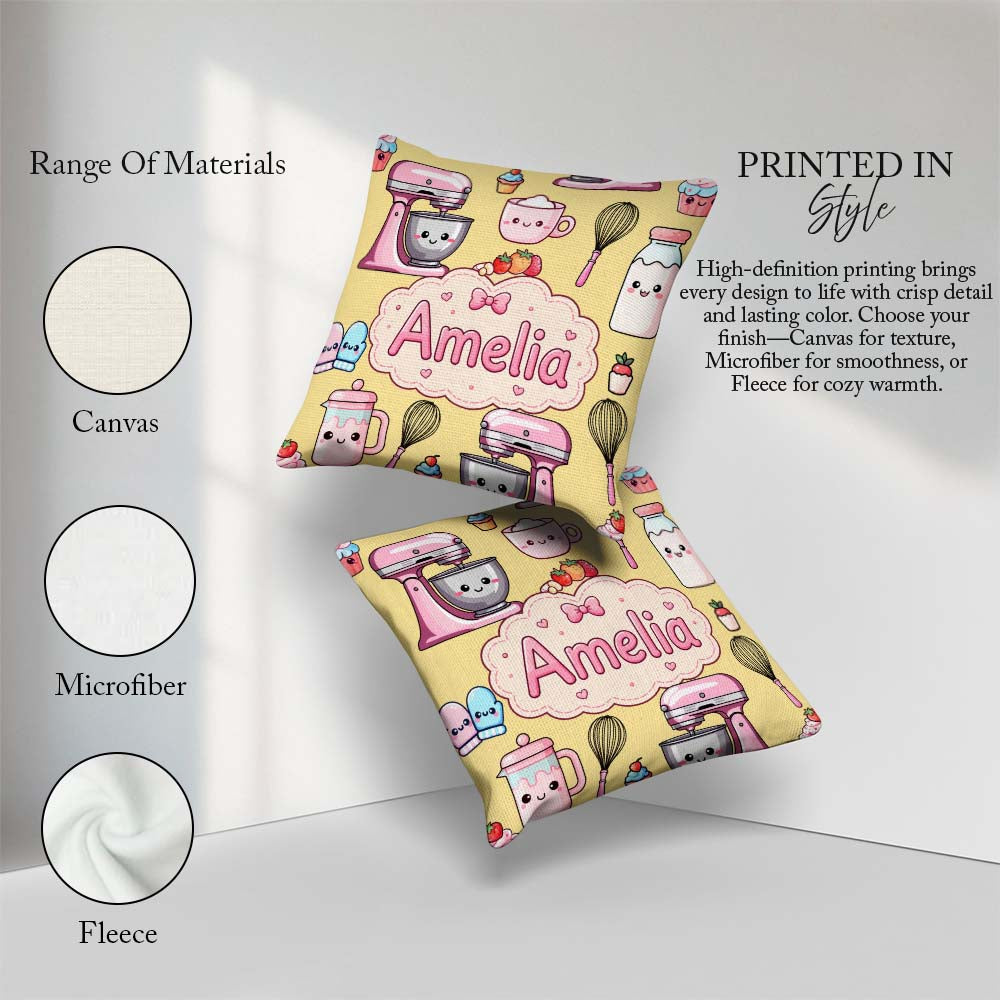 Custom Name Kawaii Baking Mixer Cake and Cupcake Tools on Yellow Square Filled Cushion Throw Pillow Sofa Bed Home Decor Zip Washable UK Made