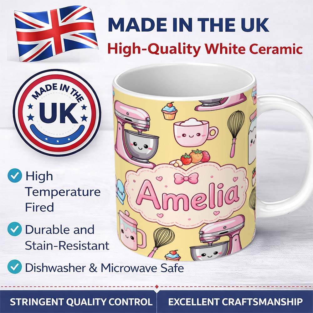 Personalized Custom Name Kawaii Baking Mixer Cake and Cupcake Tools on Yellow Seamless 11oz Ceramic Coffee Tea Mug White Large Handle