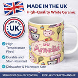 Personalized Custom Name Kawaii Baking Mixer Cake and Cupcake Tools on Yellow Seamless 11oz Ceramic Coffee Tea Mug White Large Handle