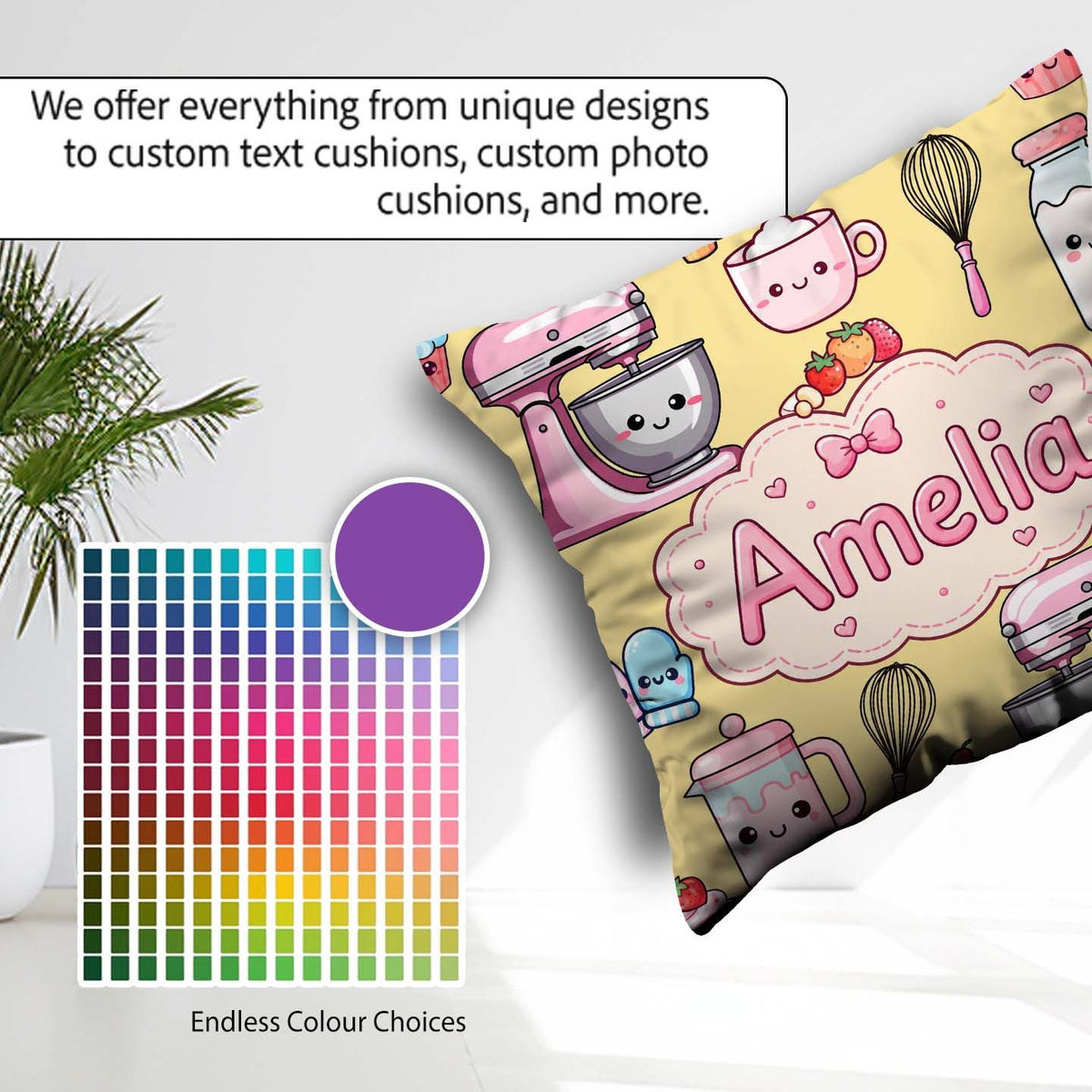 Custom Name Kawaii Baking Mixer Cake and Cupcake Tools on Yellow Square Filled Cushion Throw Pillow Sofa Bed Home Decor Zip Washable UK Made