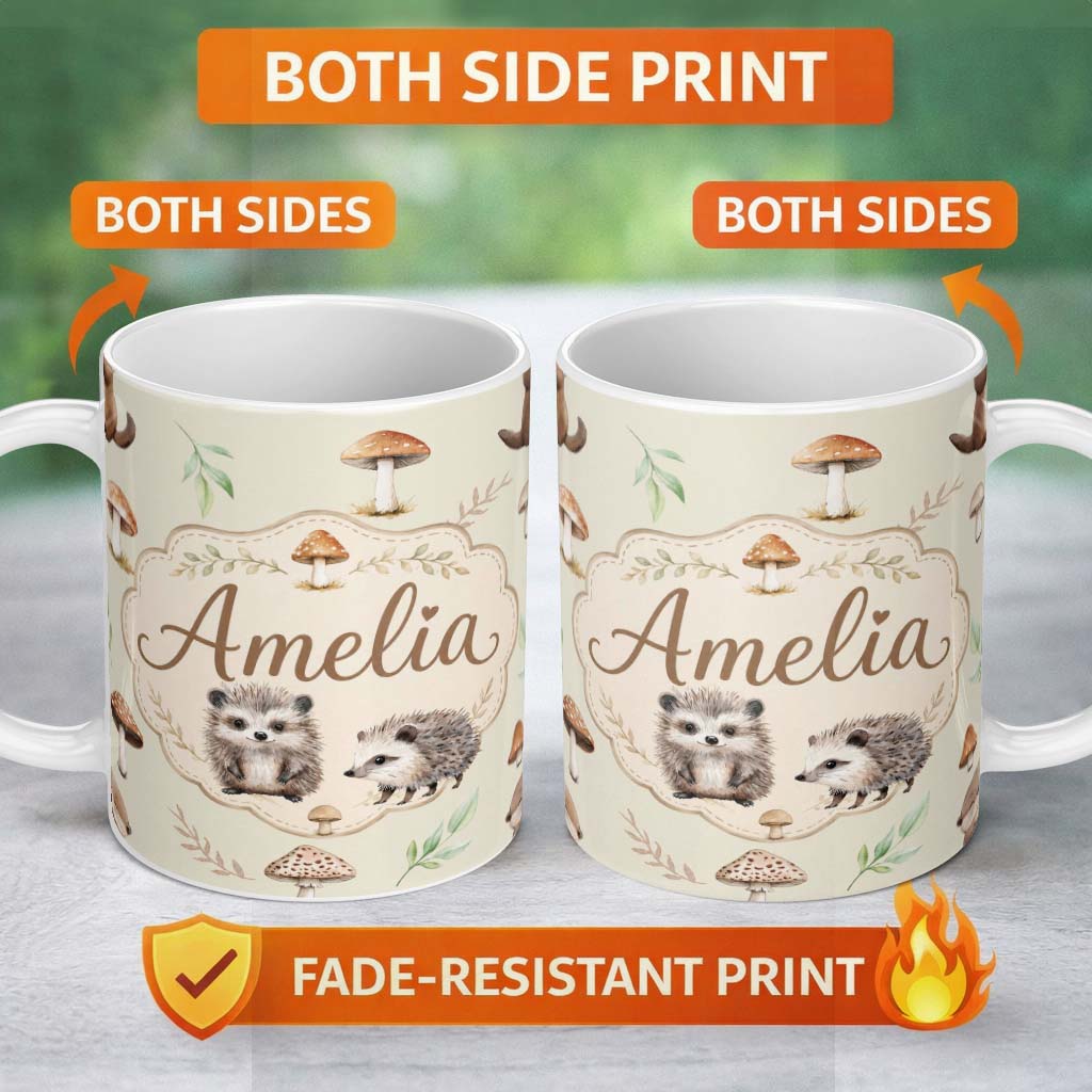 Personalized Custom Name Woodland Hedgehogs with Mushrooms Leaves Soft Beige Seamless 11oz Ceramic Coffee Tea Mug White Large Handle
