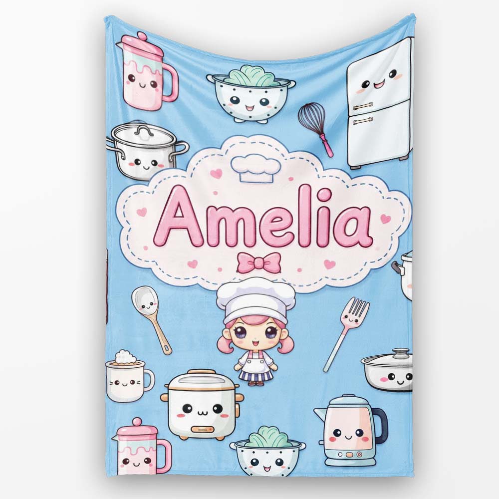 Kawaii  Chef Girl Cooking Utensils on Blue Seamless Pattern  Personalised Custom Name Super Soft Fleece Blanket Bed Sofa Throw