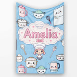 Kawaii  Chef Girl Cooking Utensils on Blue Seamless Pattern  Personalised Custom Name Super Soft Fleece Blanket Bed Sofa Throw