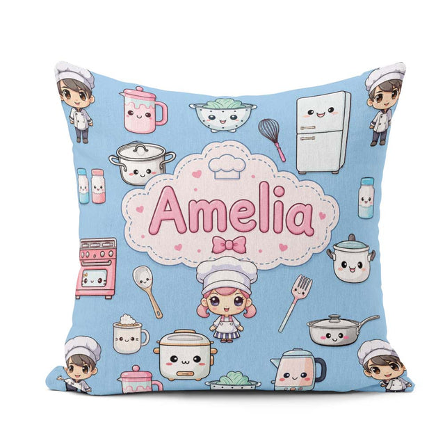 Custom Name Chef Girl Cooking Utensils on Blue Seamless Pattern Square Filled Cushion Throw Pillow Sofa Bed Home Decor Zip Washable UK Made