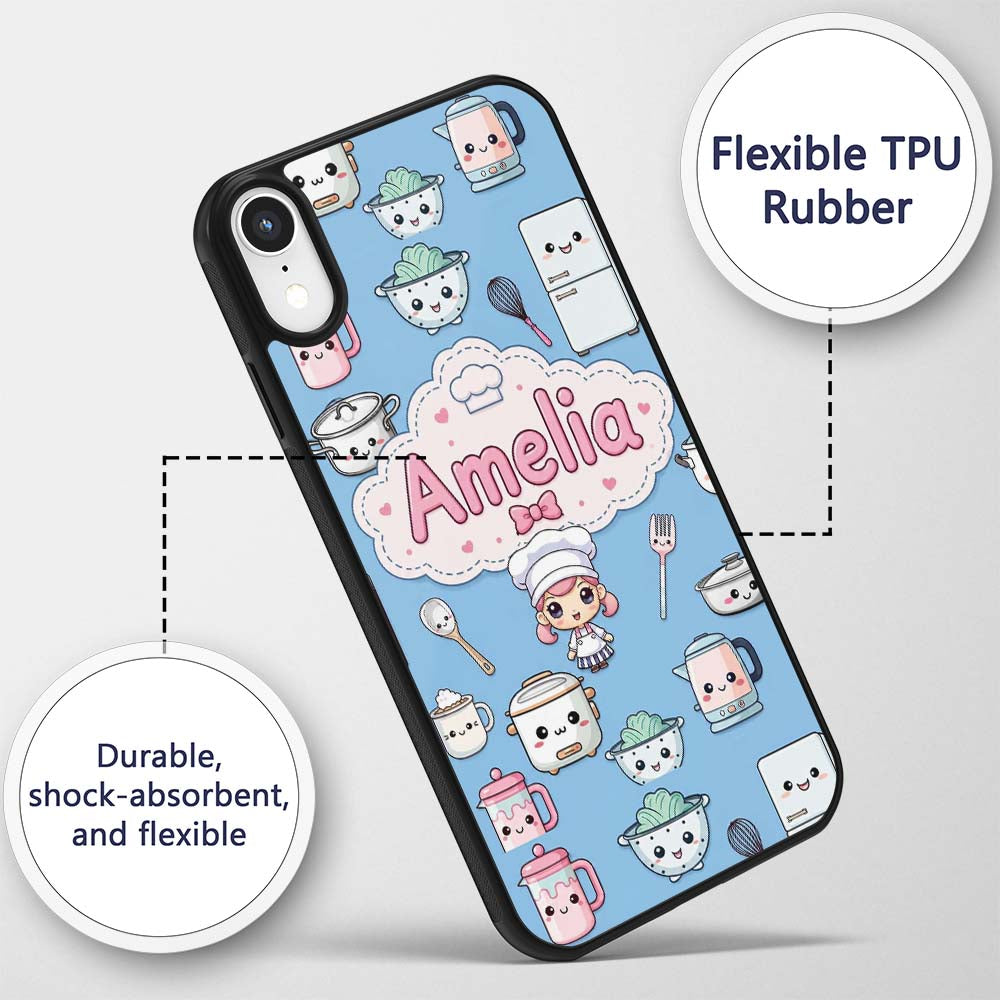 Kawaii Chef Girl Cooking Utensils Printed Design Custom Name Protective Phone Case Mobile Cover Durable Everyday Smartphone Shock Resistant