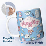Personalized Custom Name Kawaii Kitchen Chef Girl Cooking Utensils on Blue Seamless Pattern 11oz Ceramic Coffee Tea Mug White Large Handle