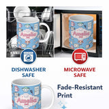 Personalized Custom Name Kawaii Kitchen Chef Girl Cooking Utensils on Blue Seamless Pattern 11oz Ceramic Coffee Tea Mug White Large Handle