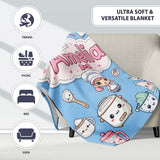 Kawaii  Chef Girl Cooking Utensils on Blue Seamless Pattern  Personalised Custom Name Super Soft Fleece Blanket Bed Sofa Throw