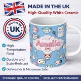Personalized Custom Name Kawaii Kitchen Chef Girl Cooking Utensils on Blue Seamless Pattern 11oz Ceramic Coffee Tea Mug White Large Handle