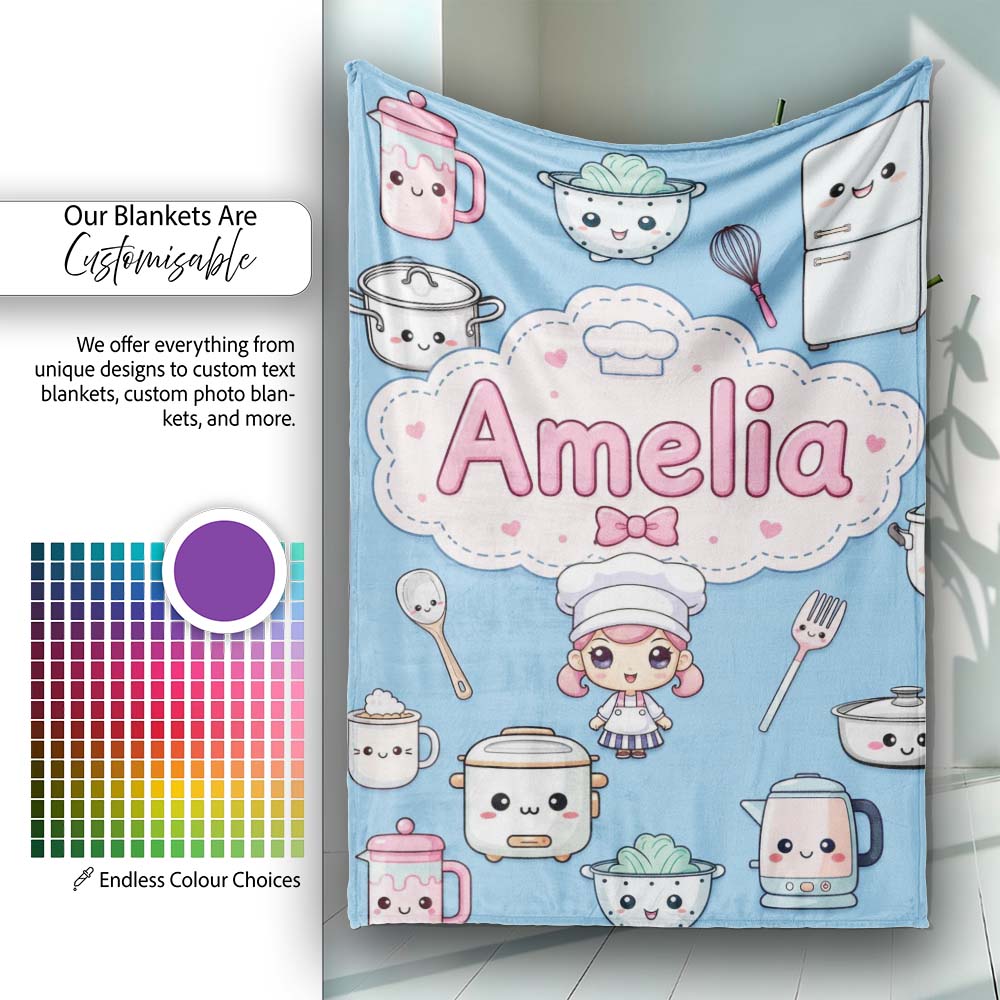 Kawaii  Chef Girl Cooking Utensils on Blue Seamless Pattern  Personalised Custom Name Super Soft Fleece Blanket Bed Sofa Throw