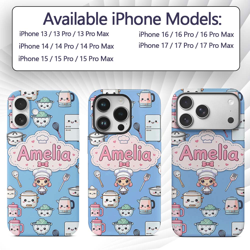 Kawaii Chef Girl Cooking Utensils Printed Design Custom Name Protective Phone Case Mobile Cover Durable Everyday Smartphone Shock Resistant