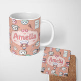 Personalized Custom Name Kawaii Kitchen Chef Girl Cooking Utensils on Peach Seamless Pattern 11oz Ceramic Coffee Tea Mug White Large Handle