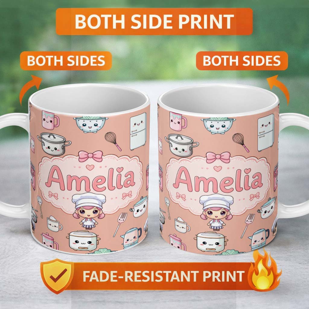 Personalized Custom Name Kawaii Kitchen Chef Girl Cooking Utensils on Peach Seamless Pattern 11oz Ceramic Coffee Tea Mug White Large Handle