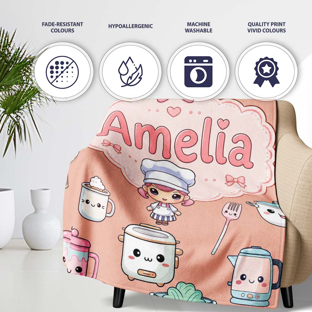 Kawaii  Chef Girl Cooking Utensils on Peach Seamless Pattern  Personalised Custom Name Super Soft Fleece Blanket Bed Sofa Throw