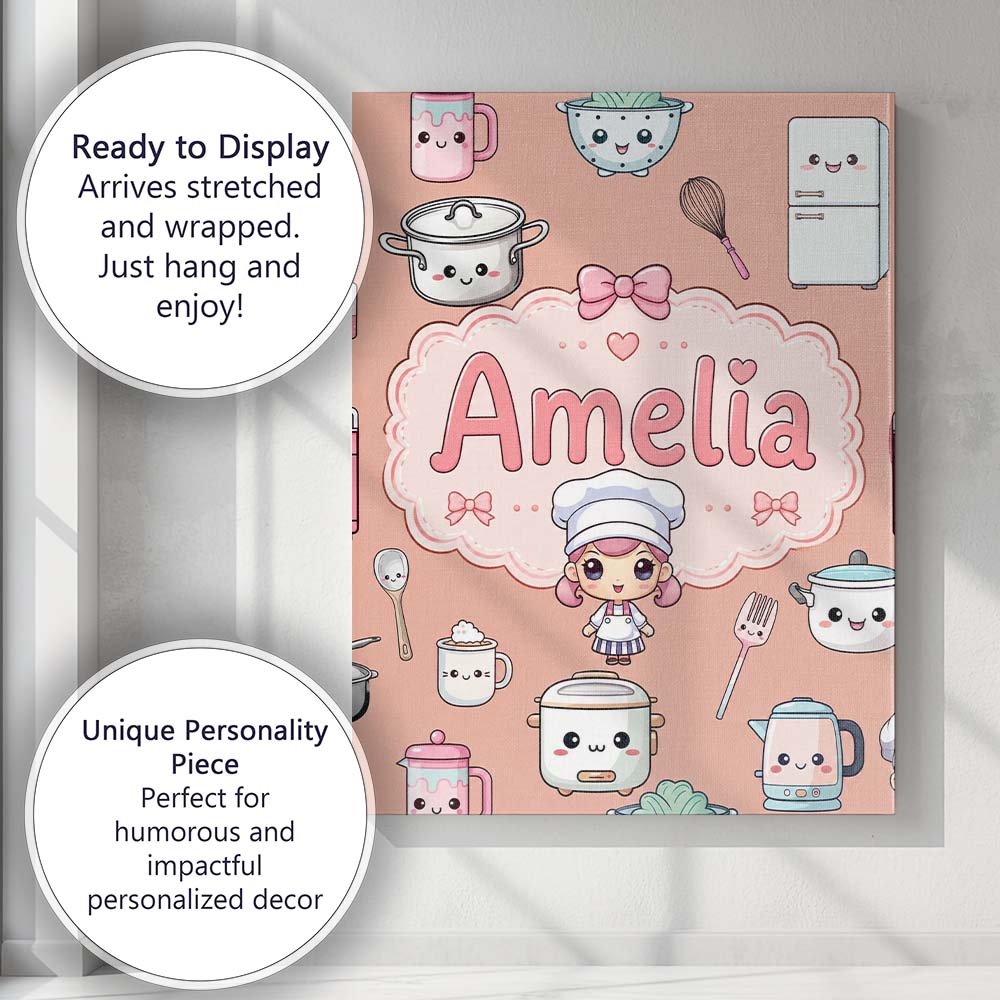 Personalised Name Kawaii Chef Girl Cooking Custom  Unique Gift Idea Elegant Feature Canvas Wall Art Print Decor Picture Ready to Hang